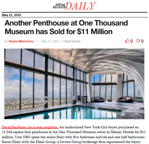 duPont Registry Daily - Another Penthouse at One Thousand Museum has Sold for $11 Million - May 21, 2020
